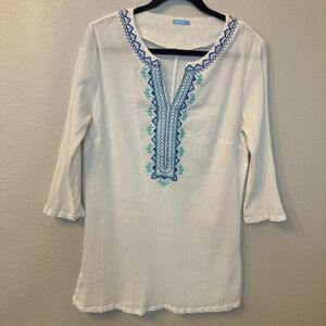 J. McLaughlin Embroidered V-Neck Tunic Lightweight‎ Pink Blue Size L 100% Cotton